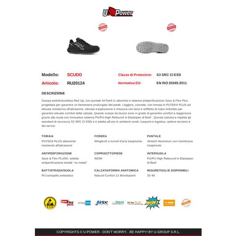 Scarpe antinfortunistiche in PUTEK® PLUS Scudo S3 SRC CI ESD nere U-Power N° 40 RU20124-40